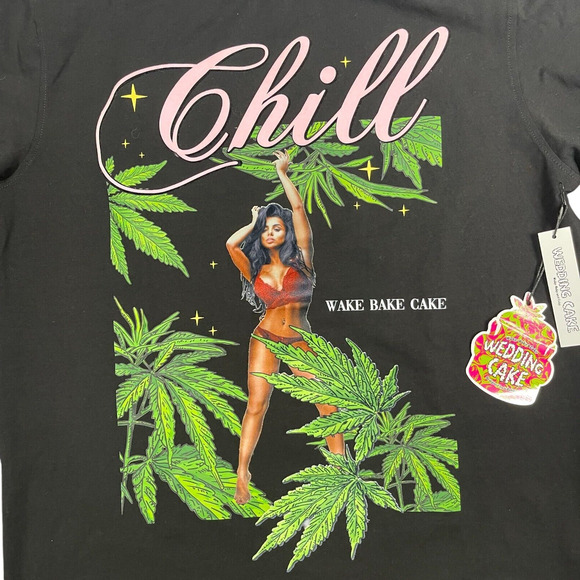 Wake Bake and Cake Cannabis Pot T-Shirt Men L Black Chill Wedding Cake WFCK - Picture 2 of 7